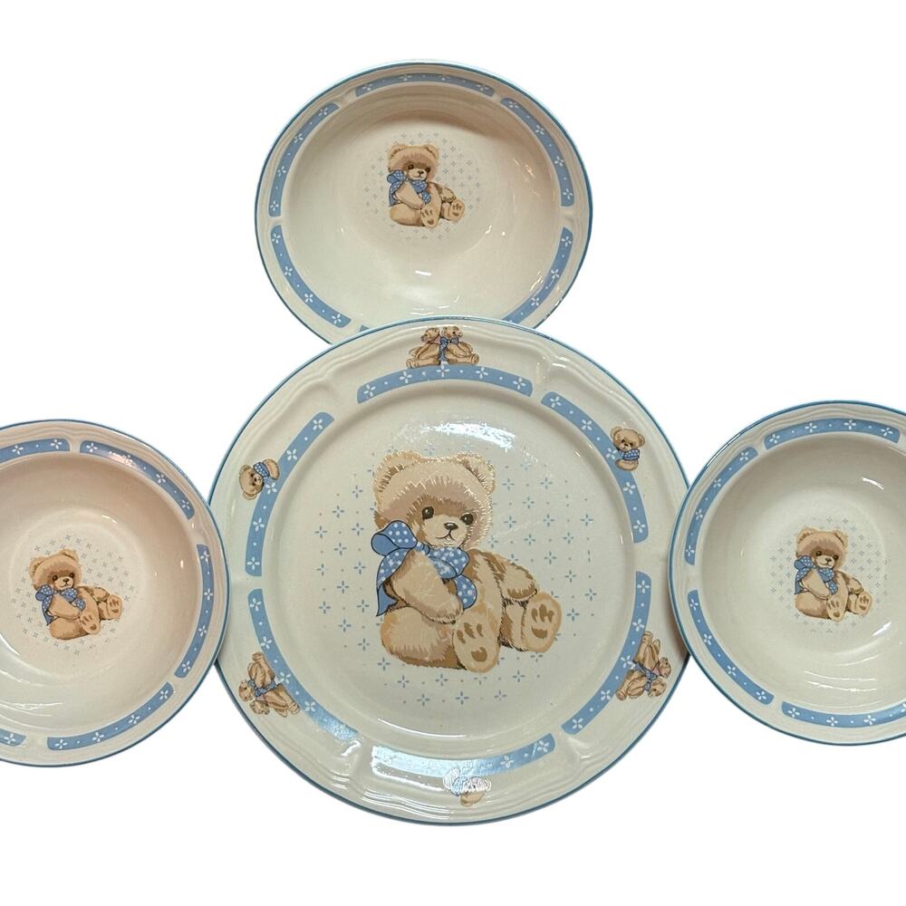 Vintage Tienshan Country Bear Teddy Stoneware 4 Pc Set Grannycore Blue Bow